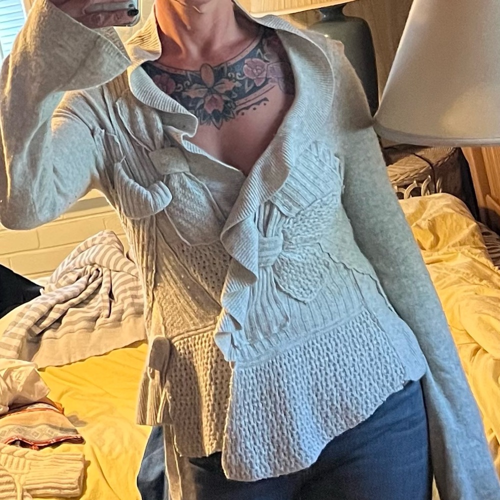 Moth Cream Ruffled Cardigan Sweater